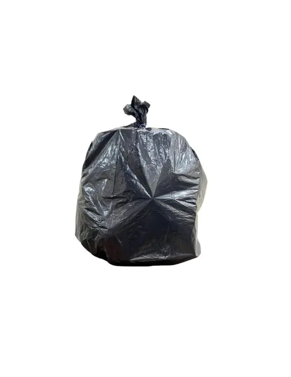 A black bag filled with trash closed with a knot