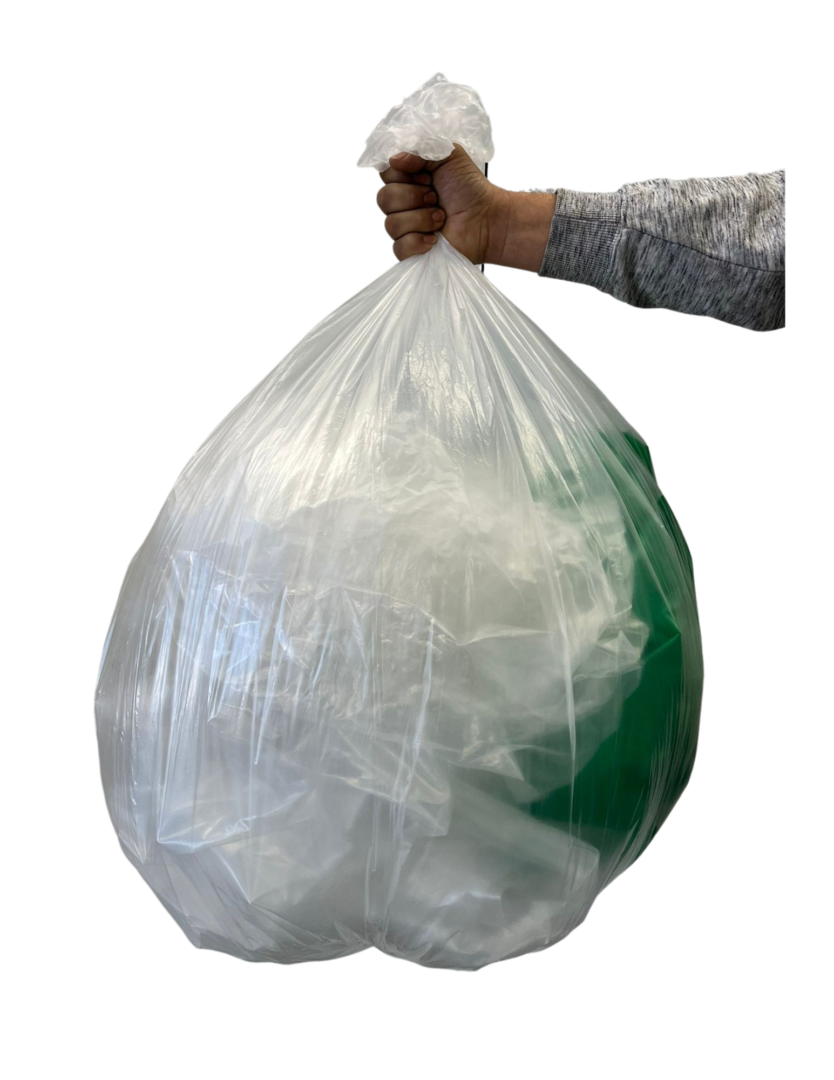 A person holding white transparent trash bag